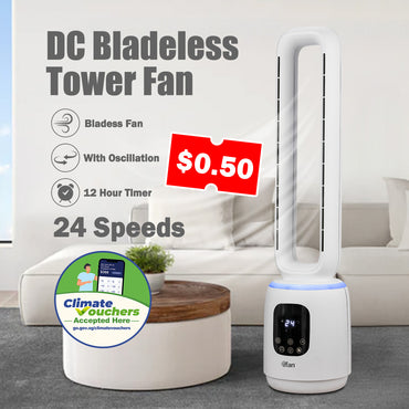 [NEA CLIMATE VOUCHER $400] iFan DC Bladeless Tower Fan – Remote Control, Oscillation, Timer, LED Lamp, Touch-screen, 3 Modes, 24-Speed, black, IF7463
