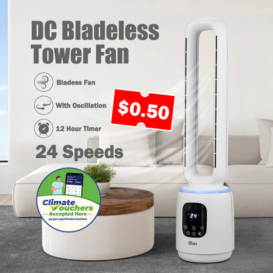 [NEA CLIMATE VOUCHER $400] iFan DC Bladeless Tower Fan – Remote Control, Oscillation, Timer, LED Lamp, Touch-screen, 3 Modes, 24-Speed, black, IF7463