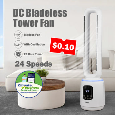 [NEA CLIMATE VOUCHER $400] iFan DC Bladeless Tower Fan – Remote Control, Oscillation, Timer, LED Lamp, Touch-screen, 3 Modes, 24-Speed, black, IF7463