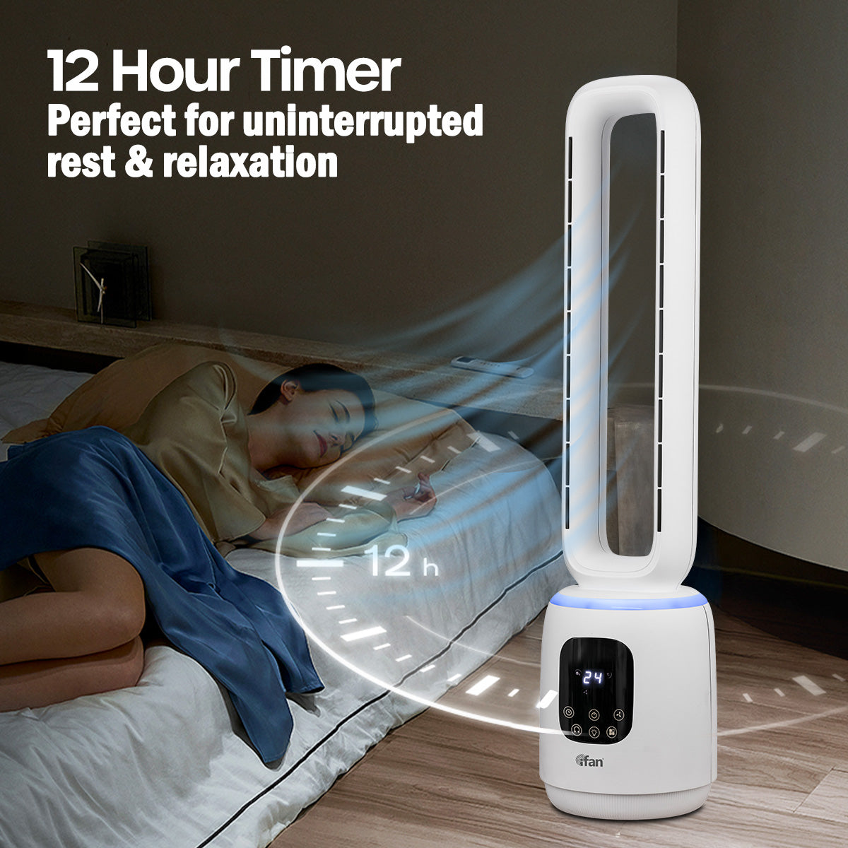 [NEA CLIMATE VOUCHER $400] iFan DC Bladeless Tower Fan – Remote Control, Oscillation, Timer, LED Lamp, Touch-screen, 3 Modes, 24-Speed, black, IF7463