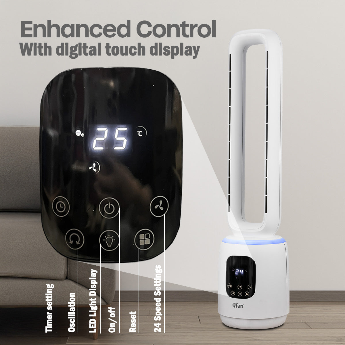 [NEA CLIMATE VOUCHER $400] iFan DC Bladeless Tower Fan – Remote Control, Oscillation, Timer, LED Lamp, Touch-screen, 3 Modes, 24-Speed, black, IF7463