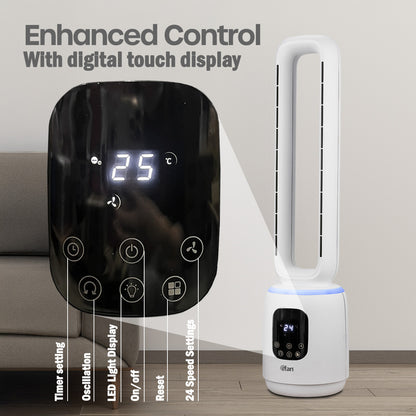 [NEA CLIMATE VOUCHER $400] iFan DC Bladeless Tower Fan – Remote Control, Oscillation, Timer, LED Lamp, Touch-screen, 3 Modes, 24-Speed, black, IF7463