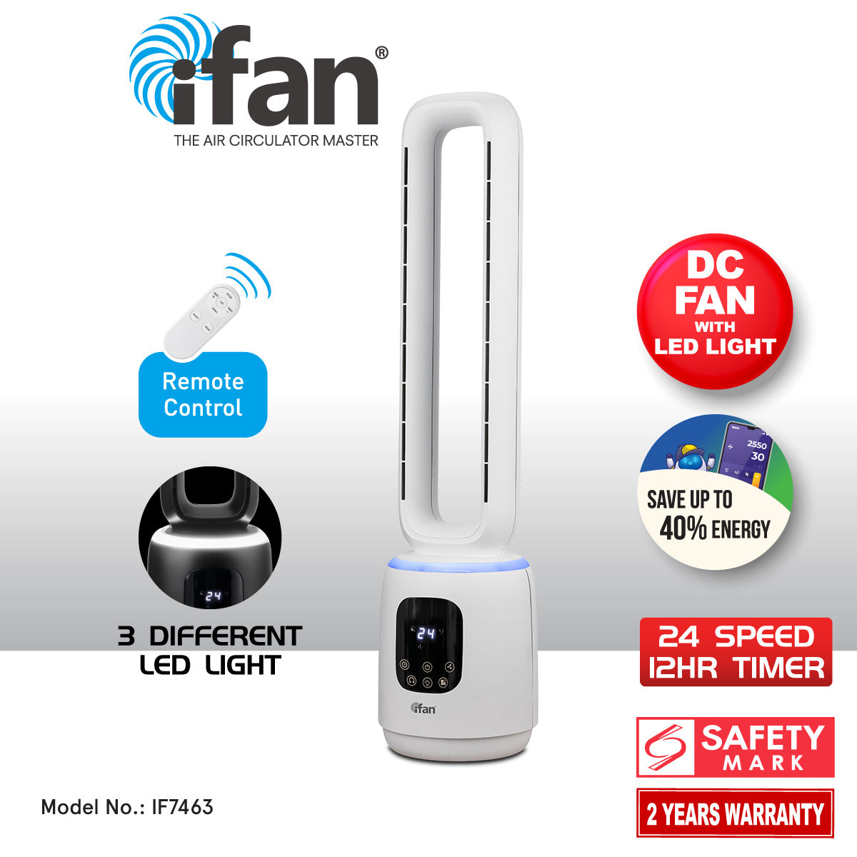 [NEA CLIMATE VOUCHER $400] iFan DC Bladeless Tower Fan – Remote Control, Oscillation, Timer, LED Lamp, Touch-screen, 3 Modes, 24-Speed, black, IF7463