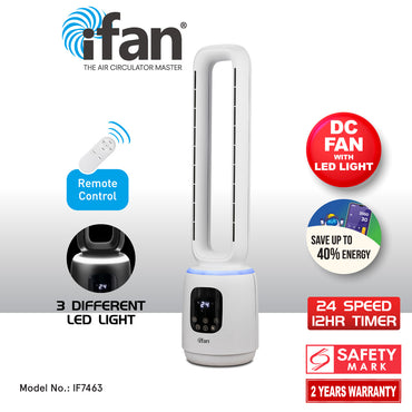 [NEA CLIMATE VOUCHER $400] iFan DC Bladeless Tower Fan – Remote Control, Oscillation, Timer, LED Lamp, Touch-screen, 3 Modes, 24-Speed, black, IF7463