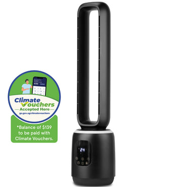[NEA CLIMATE VOUCHER $400] iFan DC Bladeless Tower Fan – Remote Control, Oscillation, Timer, LED Lamp, Touch-screen, 3 Modes, 24-Speed, black, IF7463