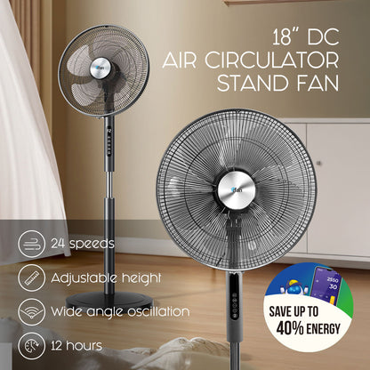[NEA CLIMATE VOUCHER $400] iFan 18” DC Motor Stand Fan – Remote Control, Adjustable Height & Tilt, Oscillation, Timer, LED Screen, Touch Control, 24-Speed, grey, IF7468