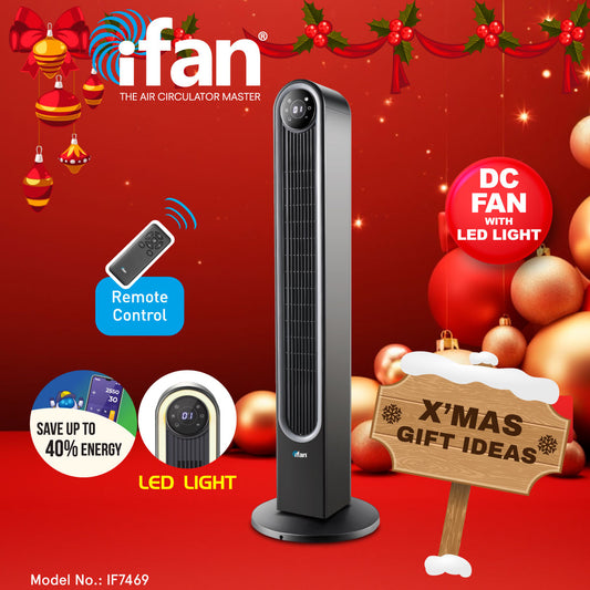 iFan Powerful 42" DC Motor Tower Fan with 12 Speed, Oscillation, LED Lighting & remote control, Quiet Operation (IF7469)