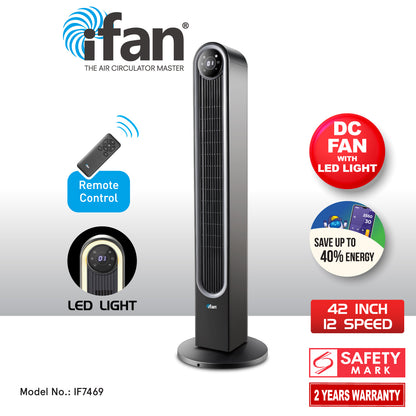 iFan 42" DC Motor Tower Fan with Remote Control – 12 Speeds, 150° Wide Oscillation, LED Touchscreen Display, Timer, IF7469