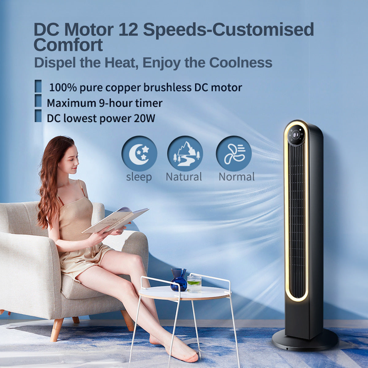 iFan 42" DC Motor Tower Fan with Remote Control – 12 Speeds, 150° Wide Oscillation, LED Touchscreen Display, Timer, IF7469