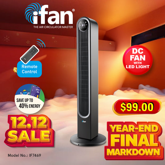 [NEA CLIMATE VOUCHER $400] iFan 42" DC Bladeless Tower Fan – Remote Control, Oscillation, Timer, LED Lamp, Touch-screen, 3 Modes, 24-Speed, black, IF7469