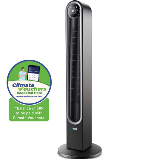 [CLIMATE VOUCHER $400] iFan 42" DC Bladeless Tower Fan – Remote Control, Oscillation, Timer, LED Lamp, Touch-screen, 3 Modes, 24-Speed, black, IF7469