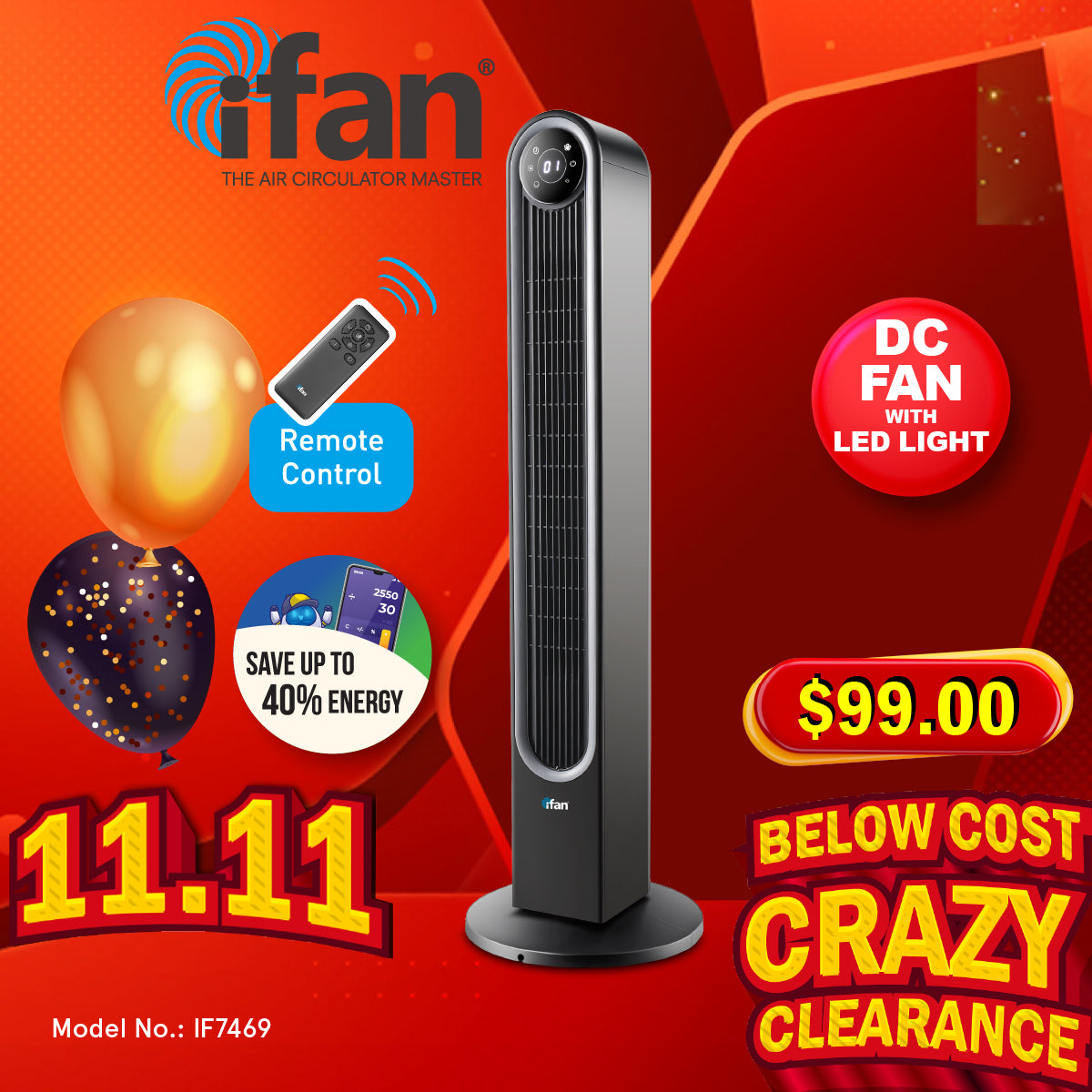 [NEA CLIMATE VOUCHER $400] iFan 42" DC Bladeless Tower Fan – Remote Control, Oscillation, Timer, LED Lamp, Touch-screen, 3 Modes, 24-Speed, black, IF7469