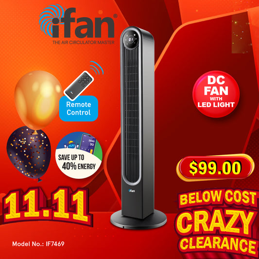 [NEA CLIMATE VOUCHER $400] iFan 42" DC Bladeless Tower Fan – Remote Control, Oscillation, Timer, LED Lamp, Touch-screen, 3 Modes, 24-Speed, black, IF7469