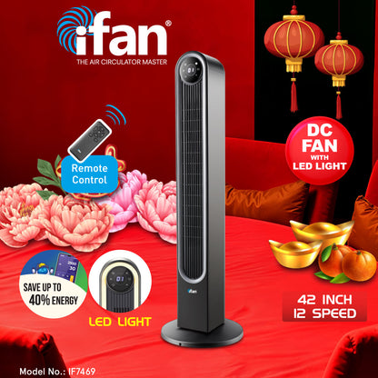 iFan Powerful 42" DC Motor Tower Fan with 12 Speed, Oscillation, LED Lighting & remote control, Quiet Operation (IF7469)