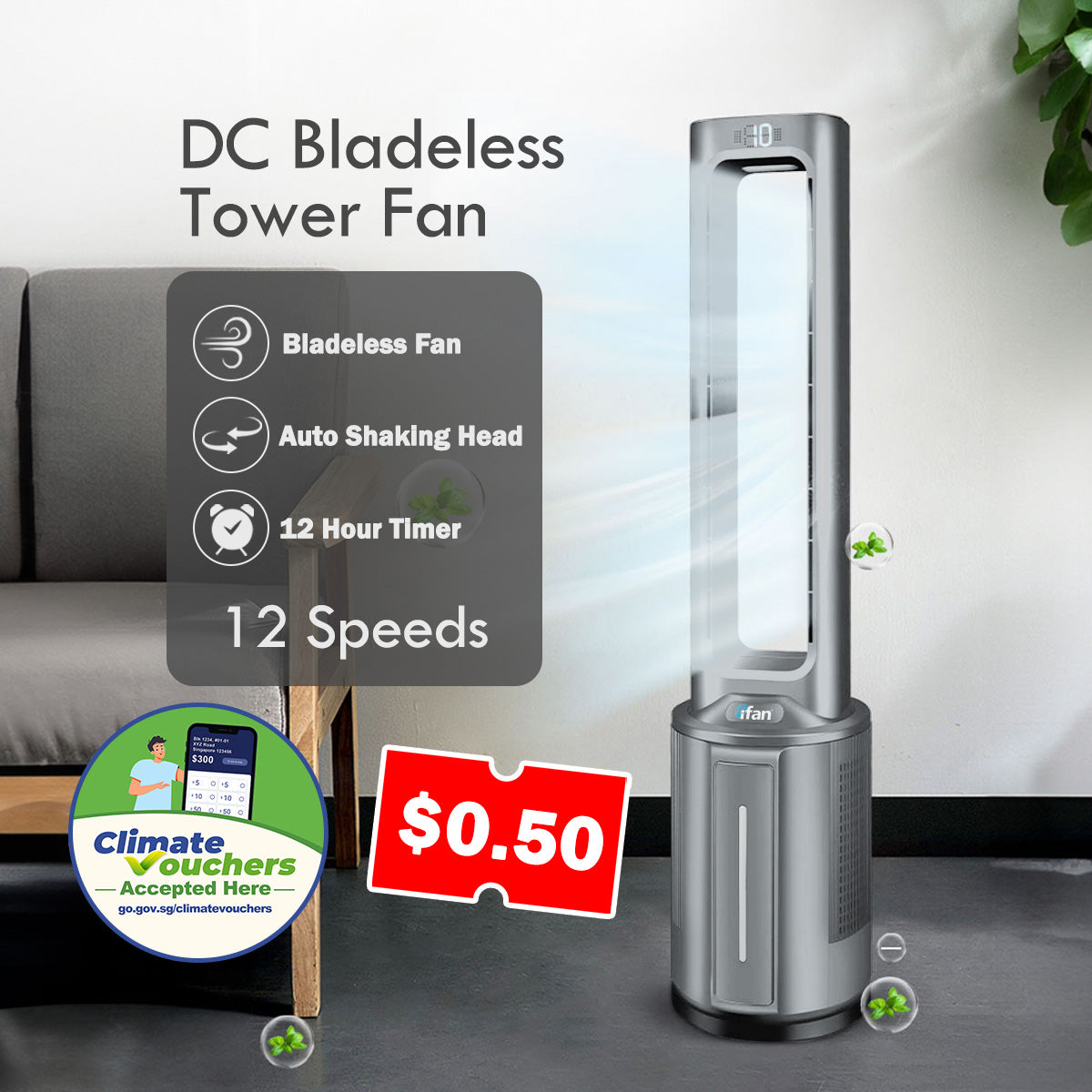 [NEA CLIMATE VOUCHER $400] iFan DC Bladeless Tower Fan -Remote Control, Oscillation, Timer, LED Lamp, grey, IF7477