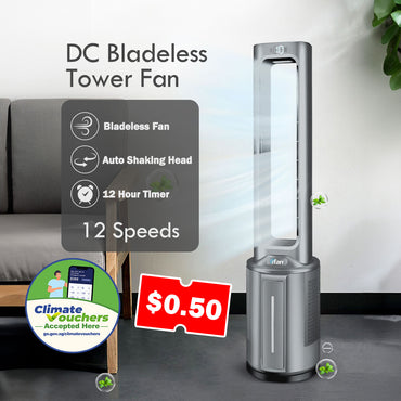 [NEA CLIMATE VOUCHER $400] iFan DC Bladeless Tower Fan -Remote Control, Oscillation, Timer, LED Lamp, grey, IF7477