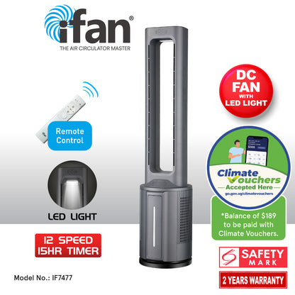 [NEA CLIMATE VOUCHER $400] iFan DC Bladeless Tower Fan -Remote Control, Oscillation, Timer, LED Lamp (IF7477)