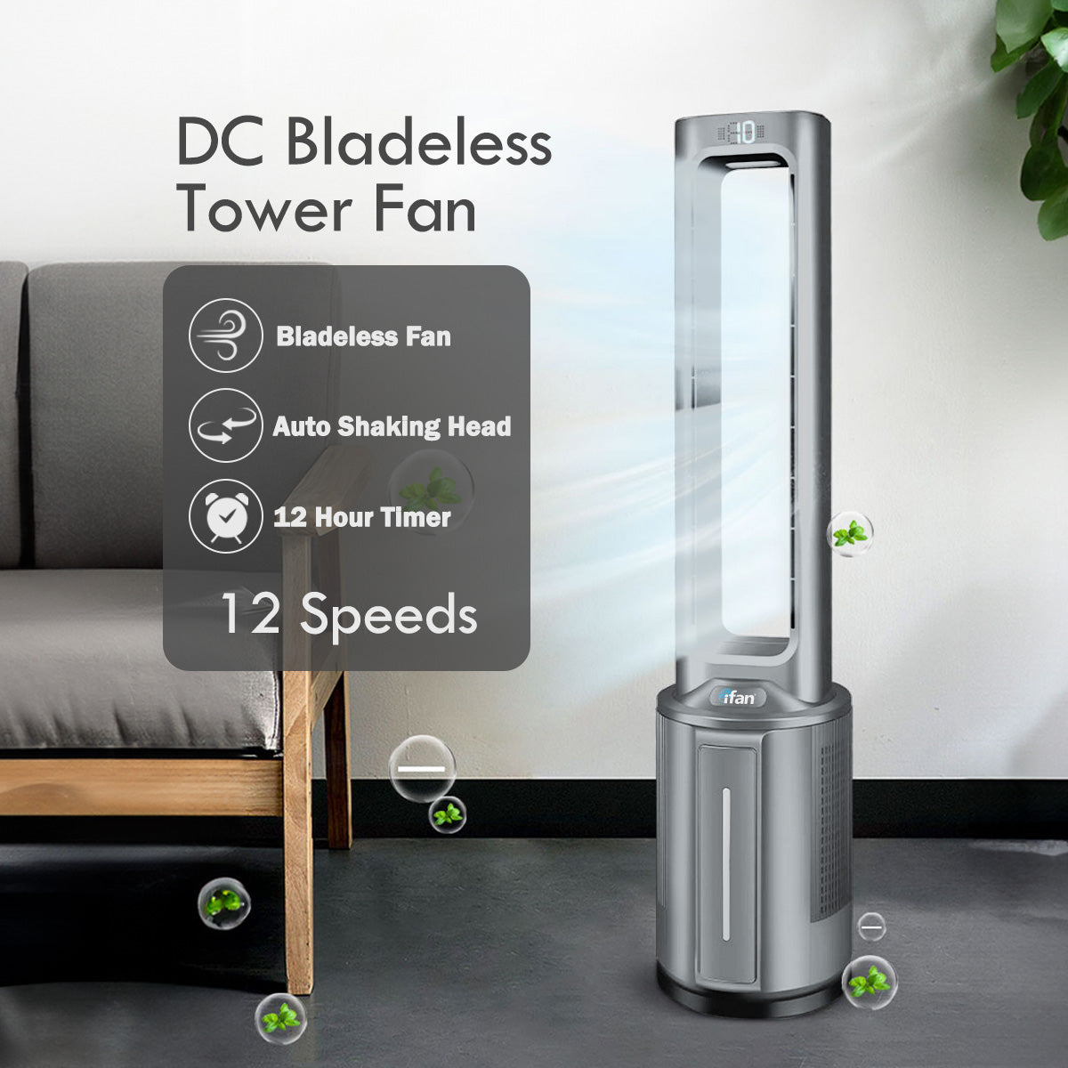 [NEA CLIMATE VOUCHER $400] iFan DC Bladeless Tower Fan -Remote Control, Oscillation, Timer, LED Lamp, grey, IF7477