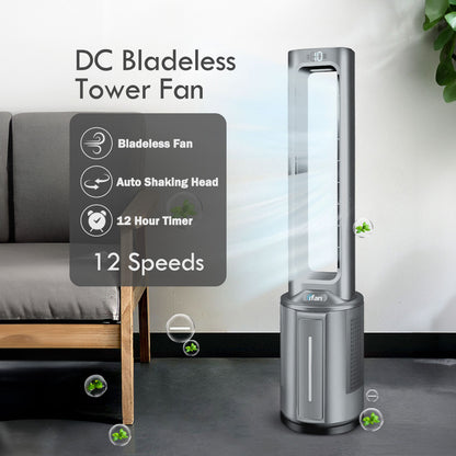 [NEA CLIMATE VOUCHER $400] iFan DC Bladeless Tower Fan -Remote Control, Oscillation, Timer, LED Lamp, grey, IF7477