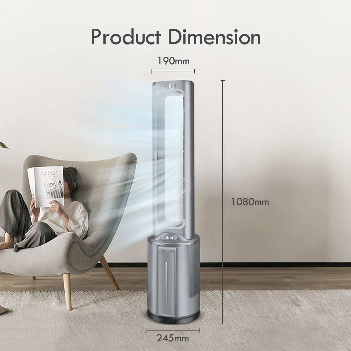 [NEA CLIMATE VOUCHER $400] iFan DC Bladeless Tower Fan -Remote Control, Oscillation, Timer, LED Lamp, grey, IF7477