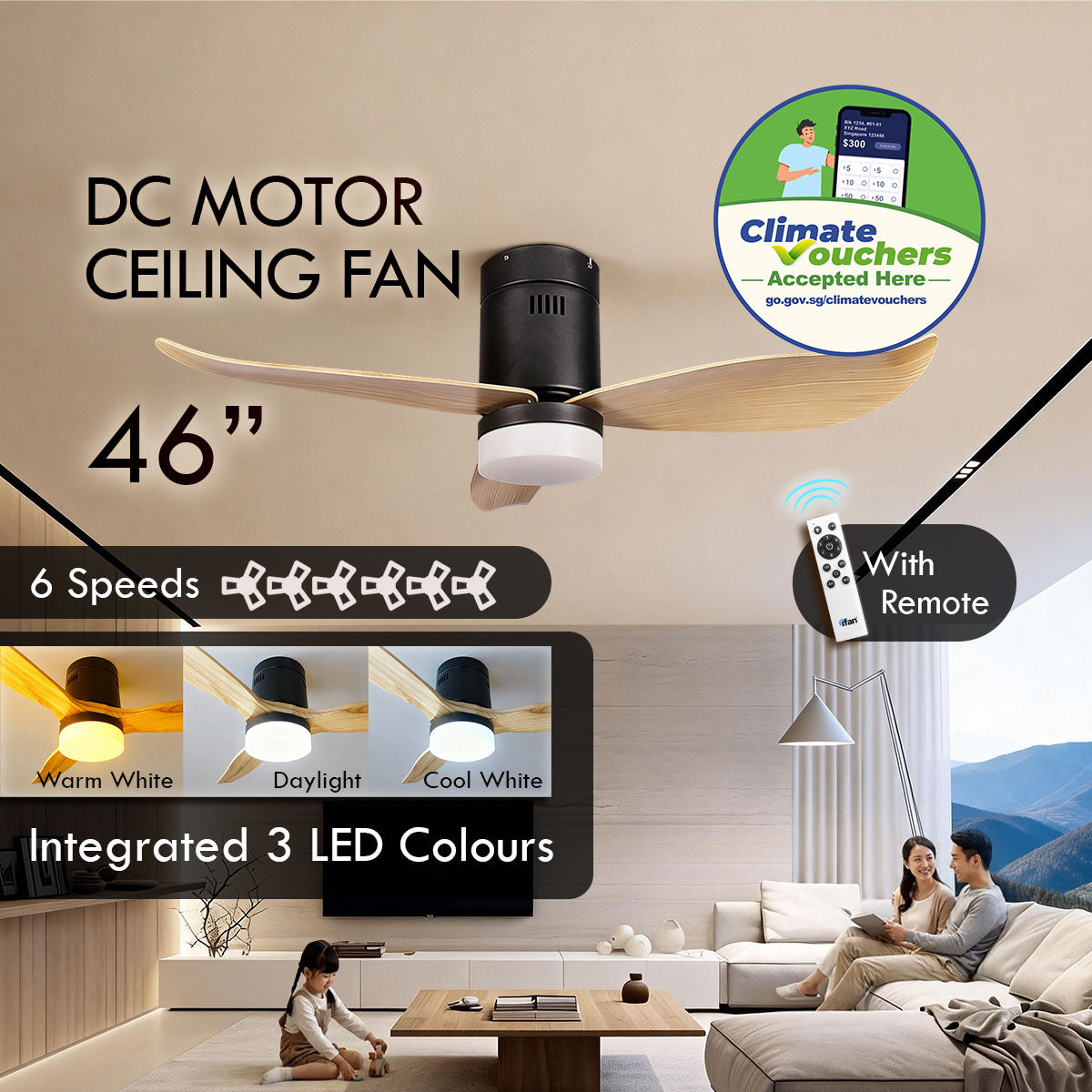 [NEA CLIMATE VOUCHER $400] iFan 46in DC Motor Ceiling Fan | Integrated 3-Colour LED Lights | 6 Speed Selection (IF8346DGBK)