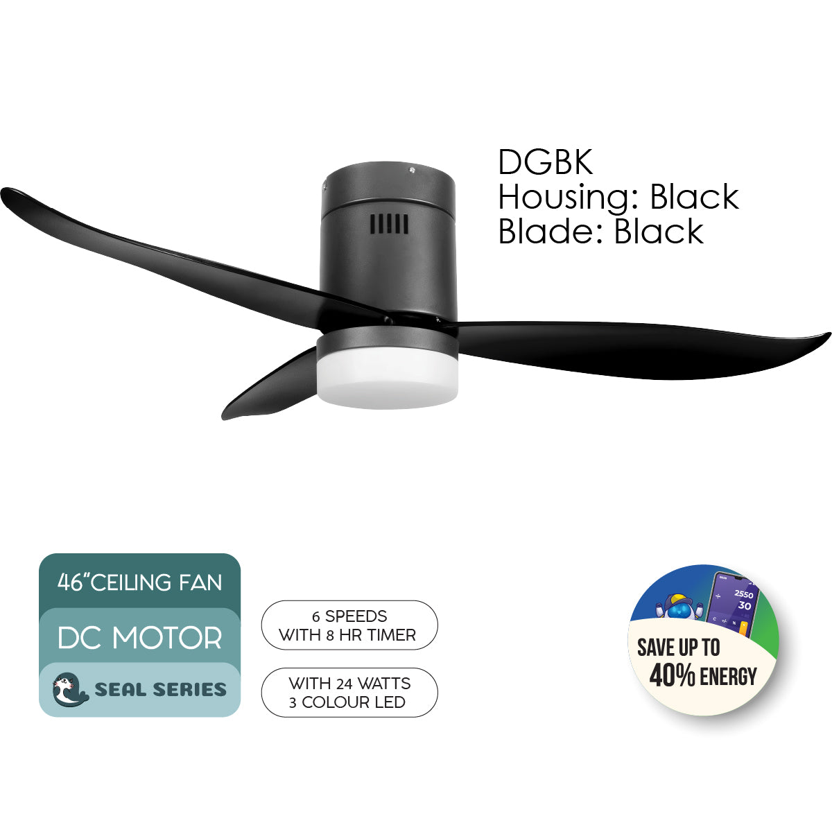 [NEA CLIMATE VOUCHER $400] iFan 46in DC Motor Ceiling Fan | Integrated 3-Colour LED Lights | 6 Speed Selection (IF8346DGBK)