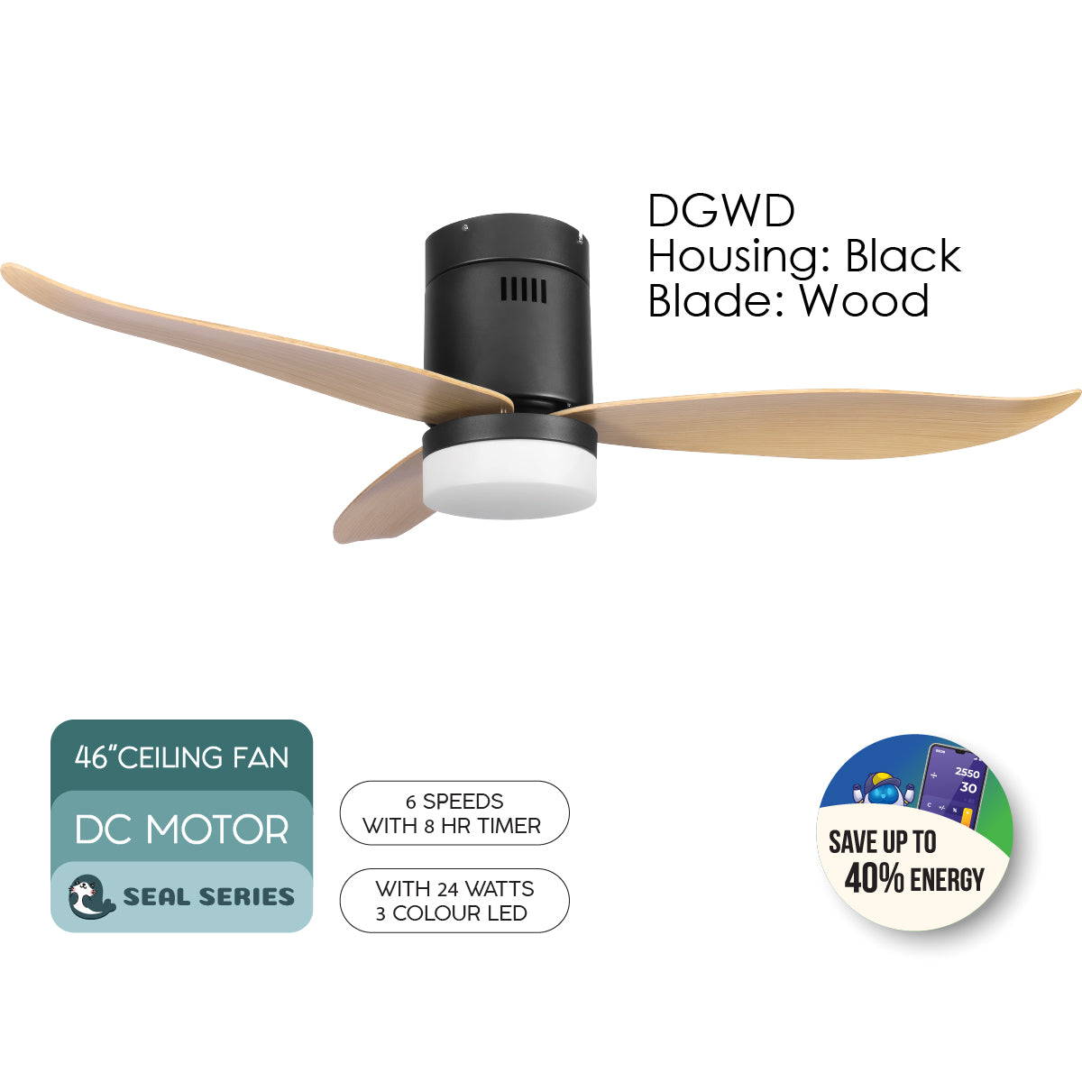 [NEA CLIMATE VOUCHER $400] iFan 46in DC Motor Ceiling Fan | Integrated 3-Colour LED Lights | 6 Speed Selection (IF8346DGWD)