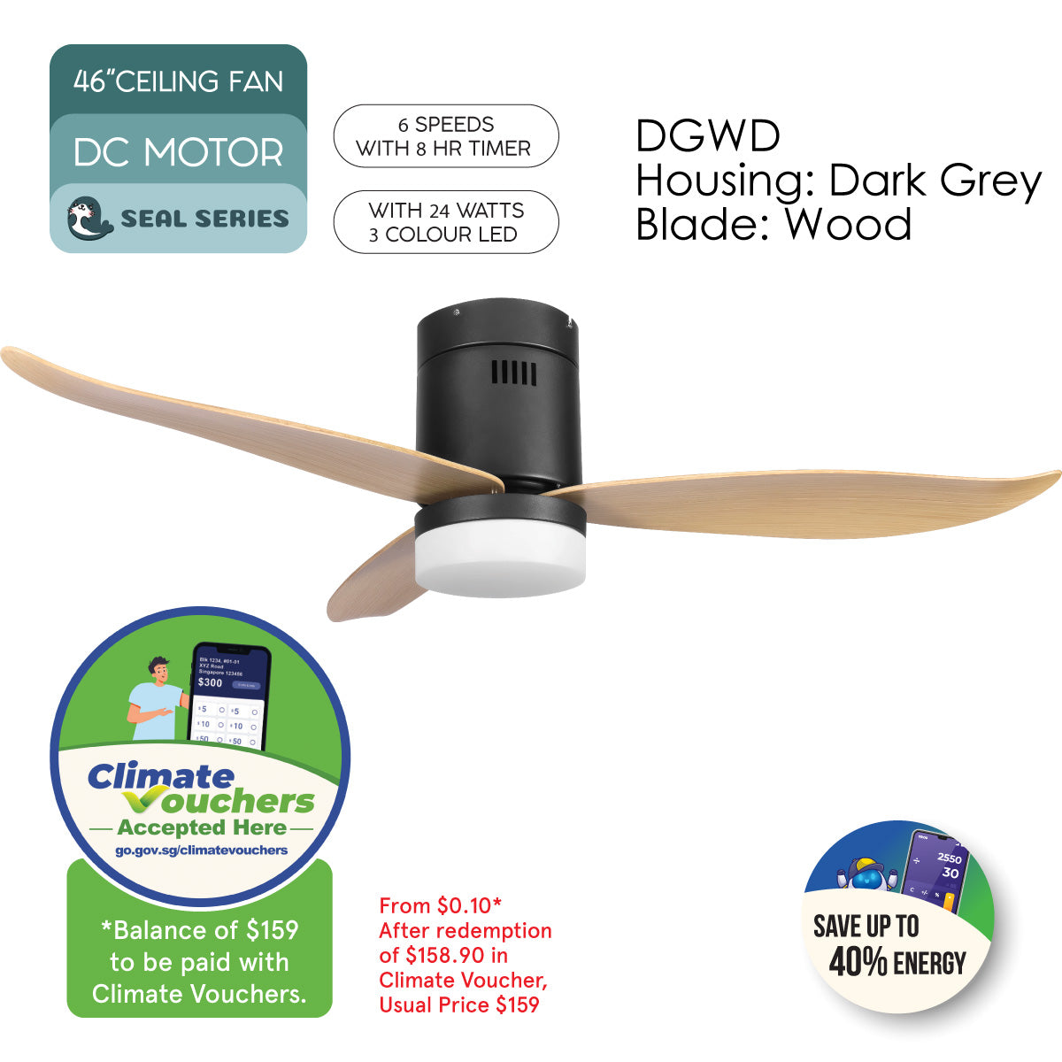 [NEA CLIMATE VOUCHER $400] iFan 46in DC Motor Ceiling Fan | Integrated 3-Colour LED Lights | 6 Speed Selection (IF8346DGWD)