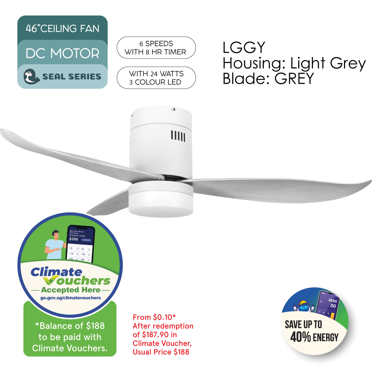 [CLIMATE VOUCHER $400] iFan 46in DC Motor Ceiling Fan | Integrated 3-Colour LED Lights | 6 Speed Selection (IF8346LGGY)