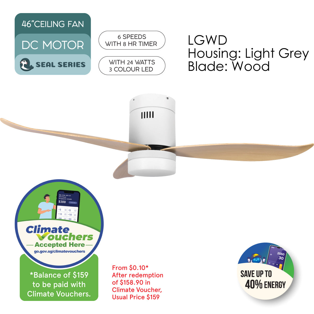 [NEA CLIMATE VOUCHER $400] iFan 46in DC Motor Ceiling Fan | Integrated 3-Colour LED Lights | 6 Speed Selection (IF8346LGWD)