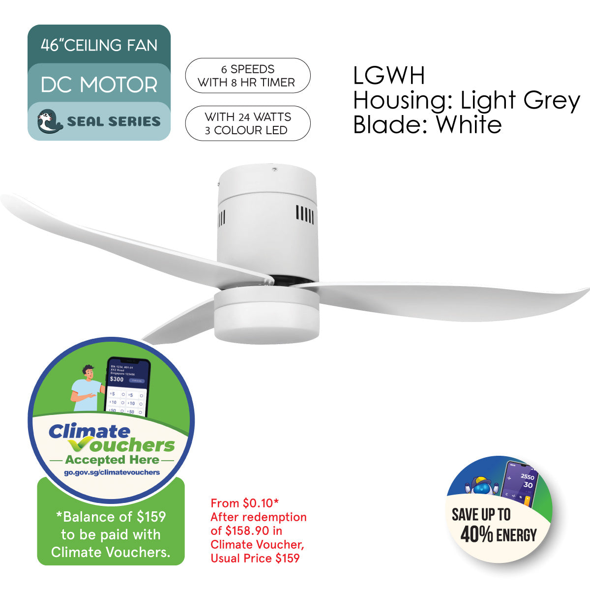 [NEA CLIMATE VOUCHER $400] iFan 46in DC Motor Ceiling Fan | Integrated 3-Colour LED Lights | 6 Speed Selection (IF8346LGWH)
