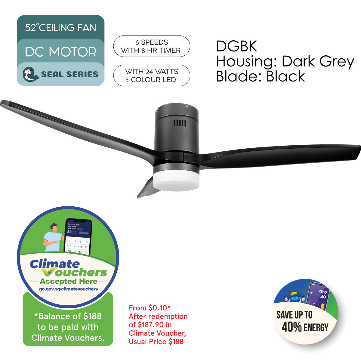 [CLIMATE VOUCHER $400] iFan 52in DC Motor Ceiling Fan | Integrated 3-Colour LED Lights | 6 Speed Selection (IF8352DGBK)