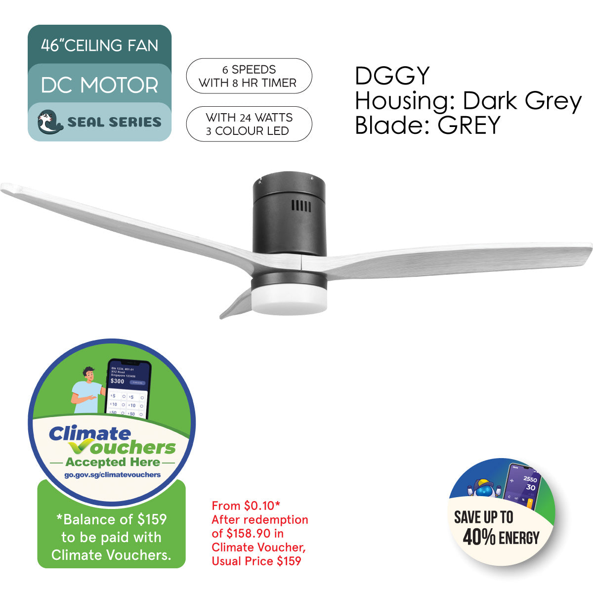 [NEA CLIMATE VOUCHER $400] iFan 52in DC Motor Ceiling Fan | Integrated 3-Colour LED Lights | 6 Speed Selection (IF8352DGGY)