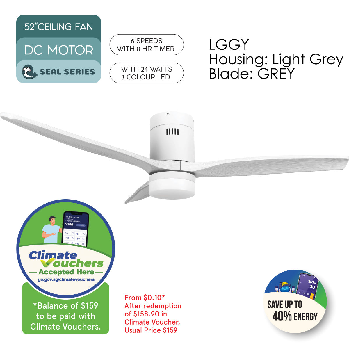 [NEA CLIMATE VOUCHER $400] iFan 52in DC Motor Ceiling Fan | Integrated 3-Colour LED Lights | 6 Speed Selection (IF8352LGGY)