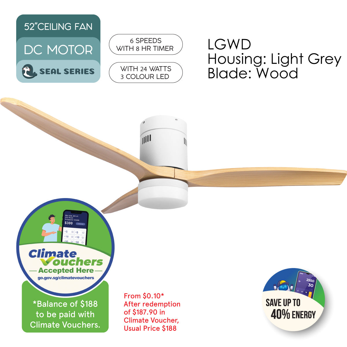 [CLIMATE VOUCHER $400] iFan 52in DC Motor Ceiling Fan | Integrated 3-Colour LED Lights | 6 Speed Selection (IF8352LGWD)