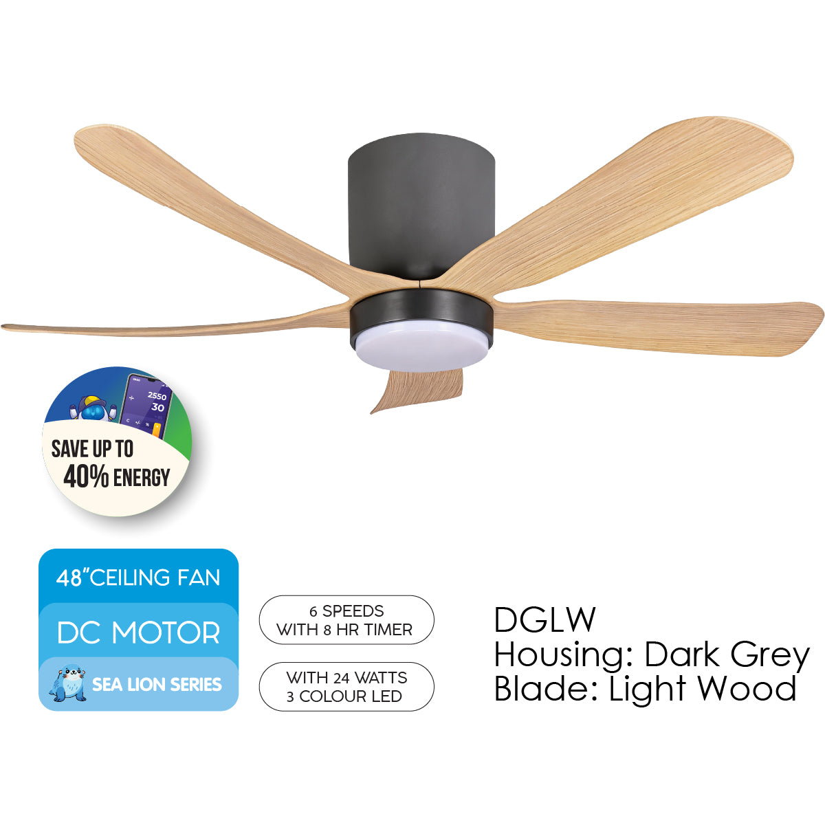 [CLIMATE VOUCHER $400] iFan 48in DC Motor Ceiling Fan | 5 Blades | Dimmable Lights | 6 Speed Selection (IF8548DGLW)