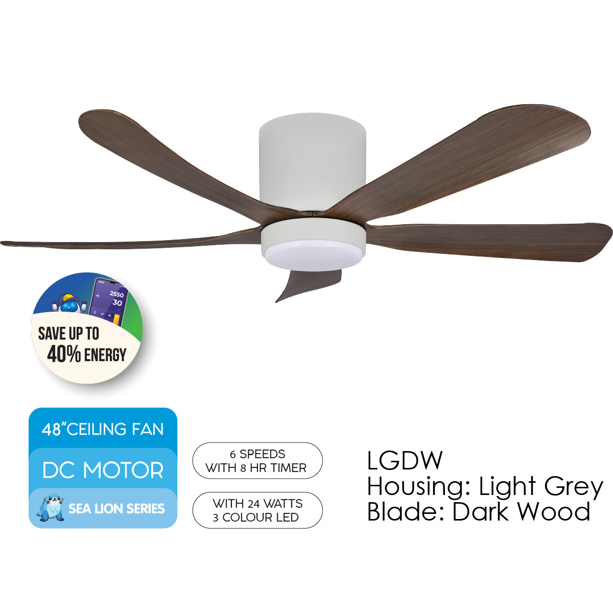 [CLIMATE VOUCHER $400] iFan 48in DC Motor Ceiling Fan | 5 Blades | Dimmable Lights | 6 Speed Selection (IF8548LGDW)
