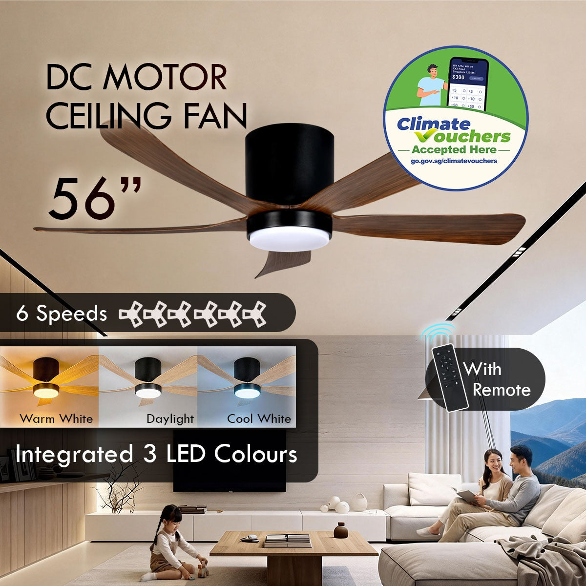 [CLIMATE VOUCHER $400] iFan 56in DC Motor Ceiling Fan | 5 Blades | Dimmable Lights | 6 Speed Selection (IF8556DGDW)