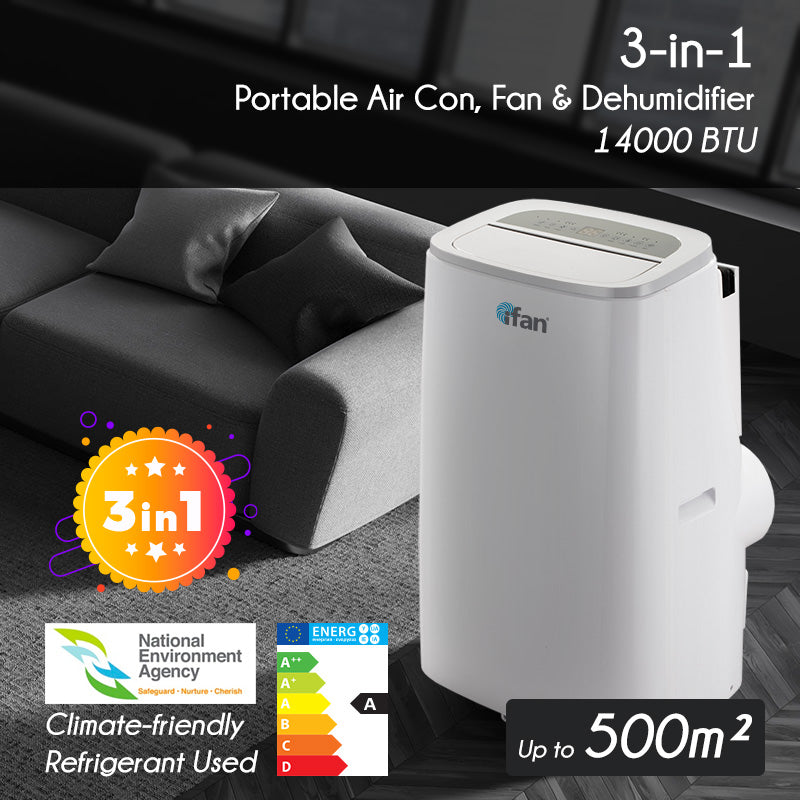 iFan 3IN1 Portable Aircon 14000 BTU Portable Air Conditioner / Fan / Dehumidifier Cools up to 500 sq. ft. (IF9014)