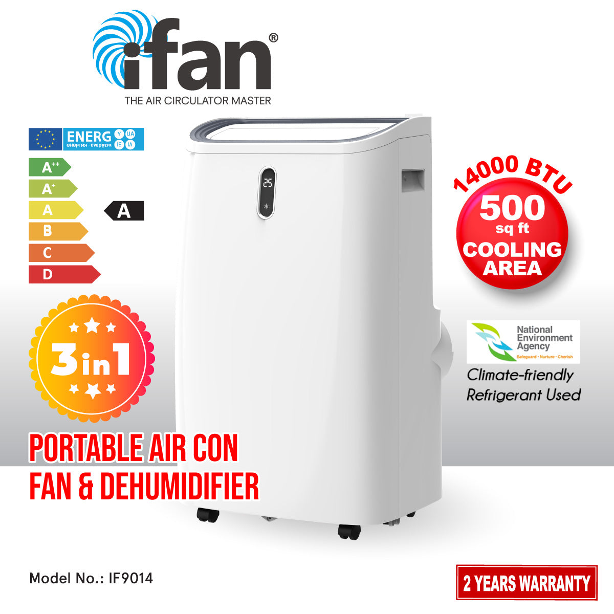 iFan 3IN1 Portable Aircon 14000 BTU Portable Air Conditioner / Fan / Dehumidifier Cools up to 500 sq. ft. (IF9014)