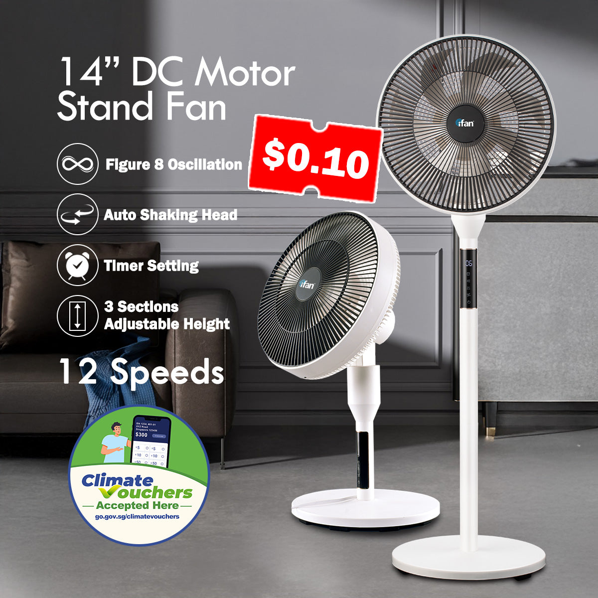 [NEA CLIMATE VOUCHER $400]iFan 14” DC Motor Stand Fan With Figure 8 Oscillation (IF7436)