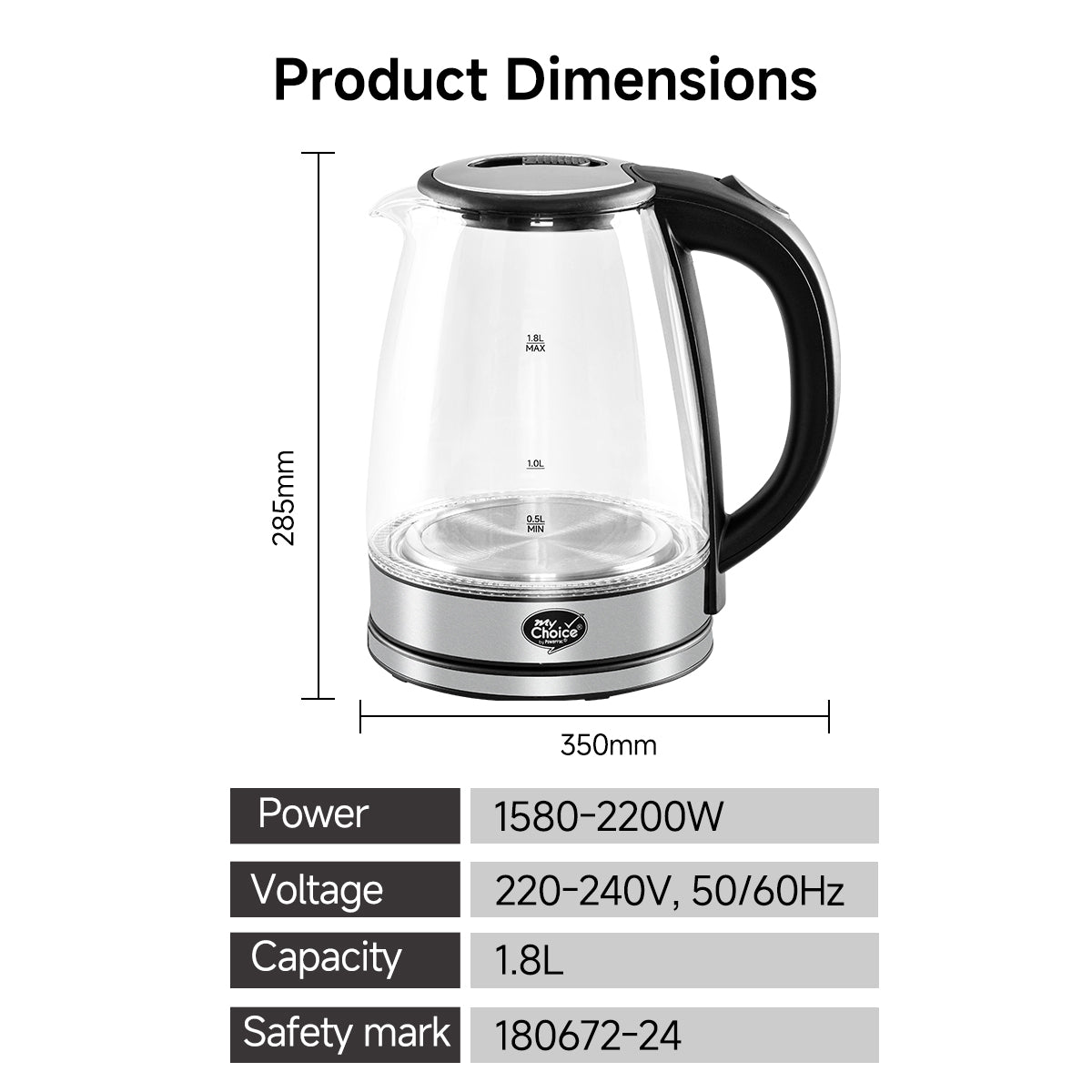 My Choice Electric Kettle Glass Jug 1.8L with Auto Switch (MC7008)