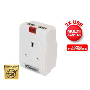 PowerPac USB Charger with 3 Pin Adapter, 2 X USB Single Port, up to 2100mA 5VDC (PP010U)