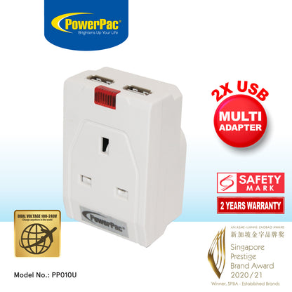 Adapter with 3-Pin Plug and USB Charger – 3-Pin Socket, 2 USB-A Ports, Neon LED, PP010U