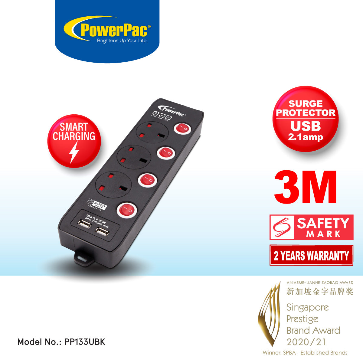 Extension Cord, Extension Socket, Power Cord 3 Meter 3 way with Dual USB Charger (PP133UBK)