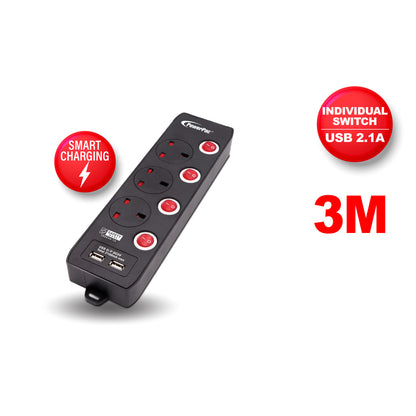 Extension Cord, Extension Socket, Power Cord 3 Metre 3 way with Dual USB Charger (PP133UBK)