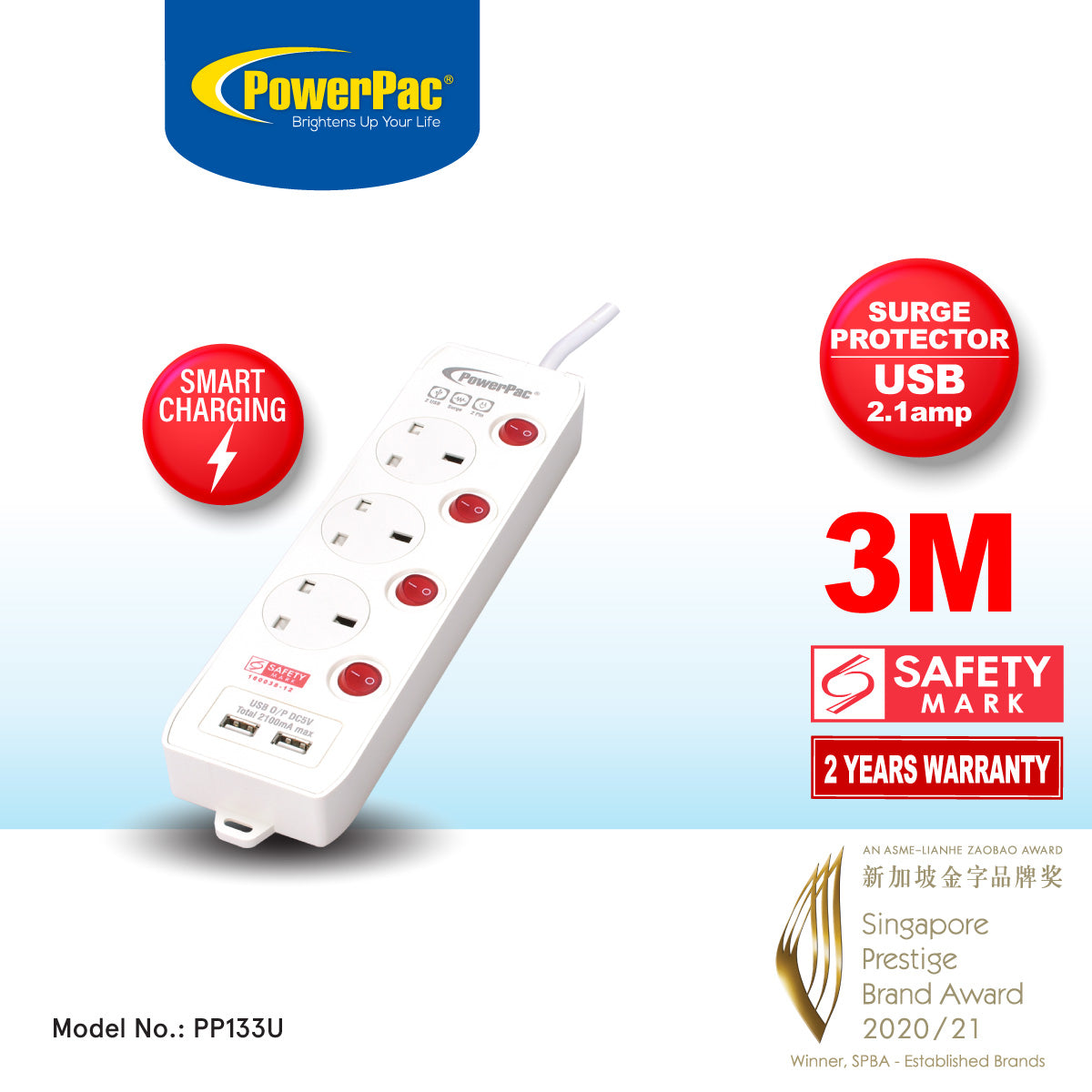 Extension Cord, Extension Socket, Power Cord 3 Meter 3 way with Dual USB Charger (PP133U)