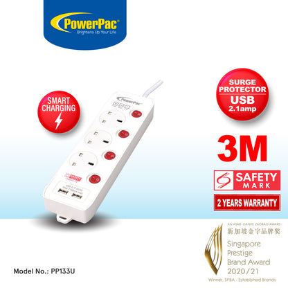 Extension Cord, Extension Socket, Power Cord 3 Meter 3 way with Dual USB Charger (PP133U)