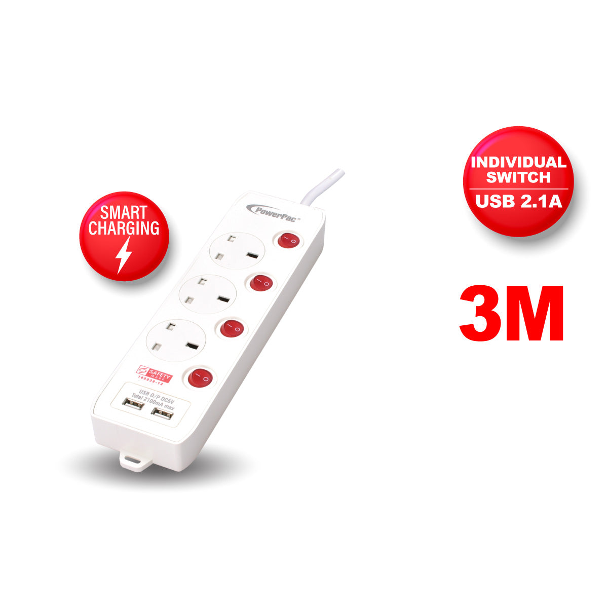 Extension Cord, Extension Socket, Power Cord 3 Metre 3 way with Dual USB Charger (PP133U)