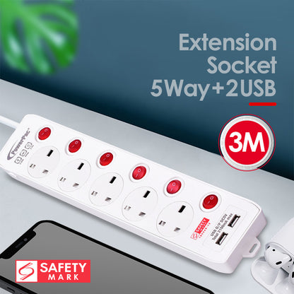 Extension Cord, Extension Socket, Power Cord 3 Meter 5 way with Dual USB Charger(PP135U)